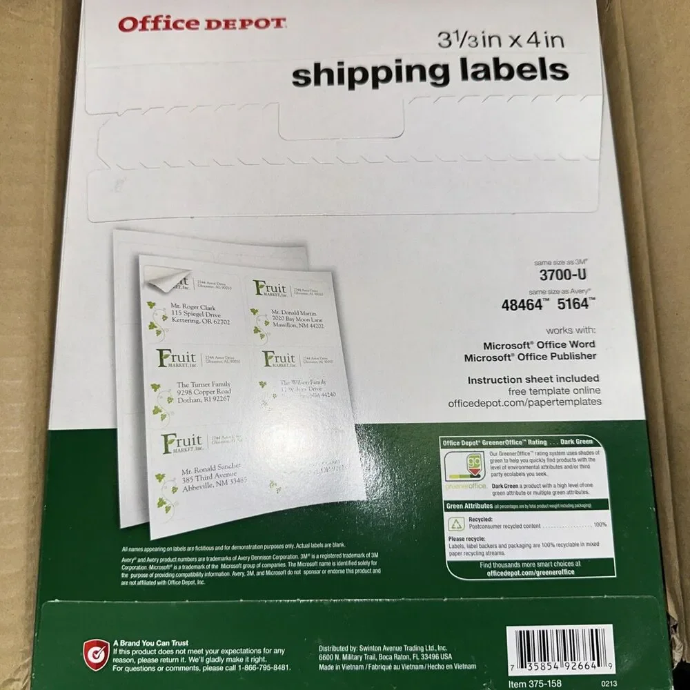 Office Depot 100% Recycled Inkjet/Laser Shipping Labels, White, 3 1/3